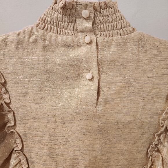 Sezane Filomene metallic gold ruffle long sleeve blouse size 4 - Picture 4 of 6